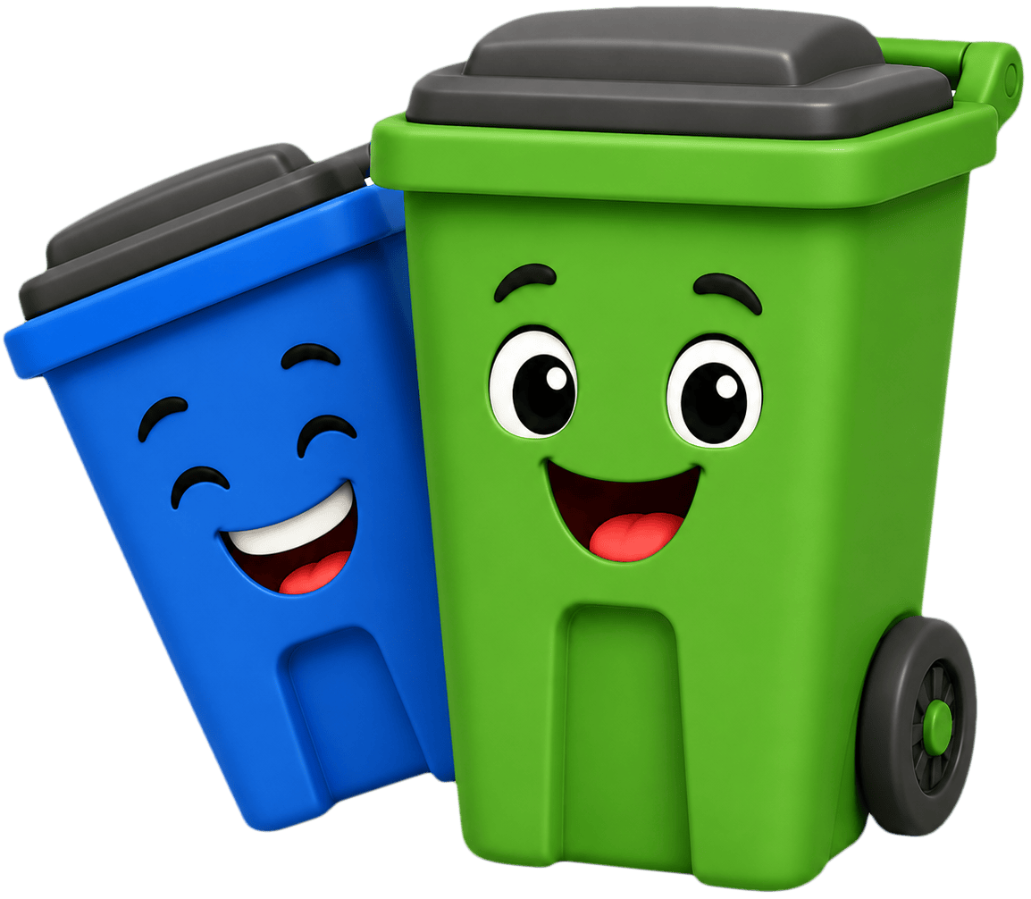 Smiling trash and recycling bin characters